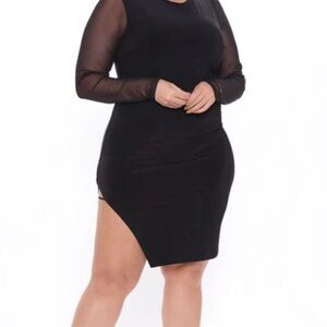 Fashion Nova Black Asymmetrical Dress with Sheer Sleeves